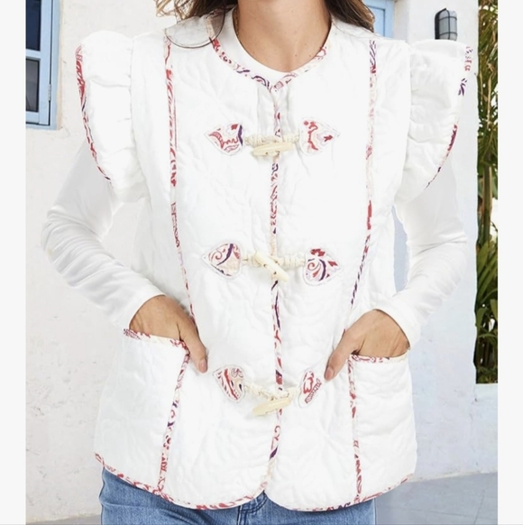 Women's Ruffle Sleeve Floral Quilted Vest - Picture 2 of 8